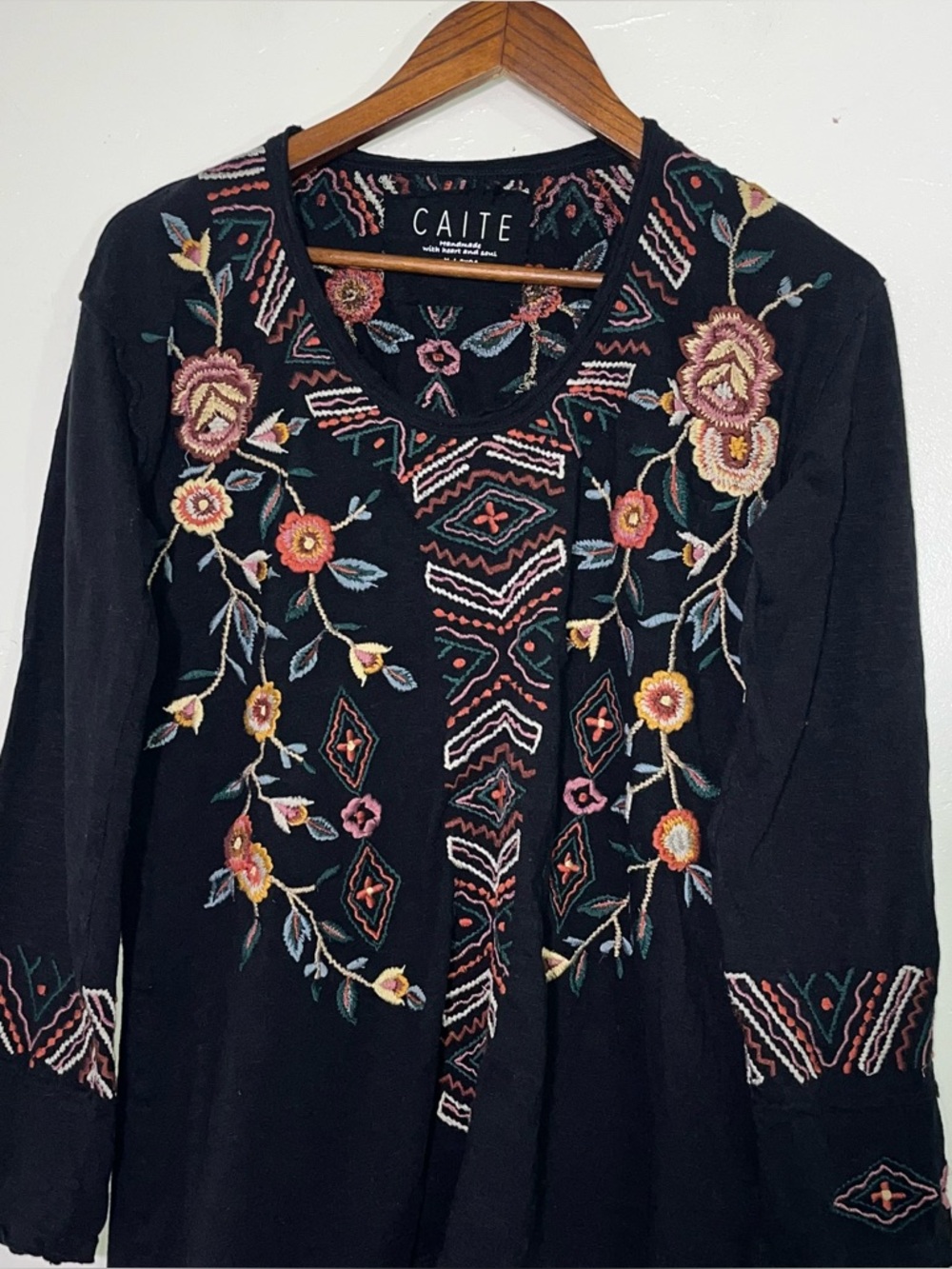 Caite "Isa" Black Embroidered Boho Peasant Blouse Cotton Folk Art Tunic XL - Picture 6 of 13